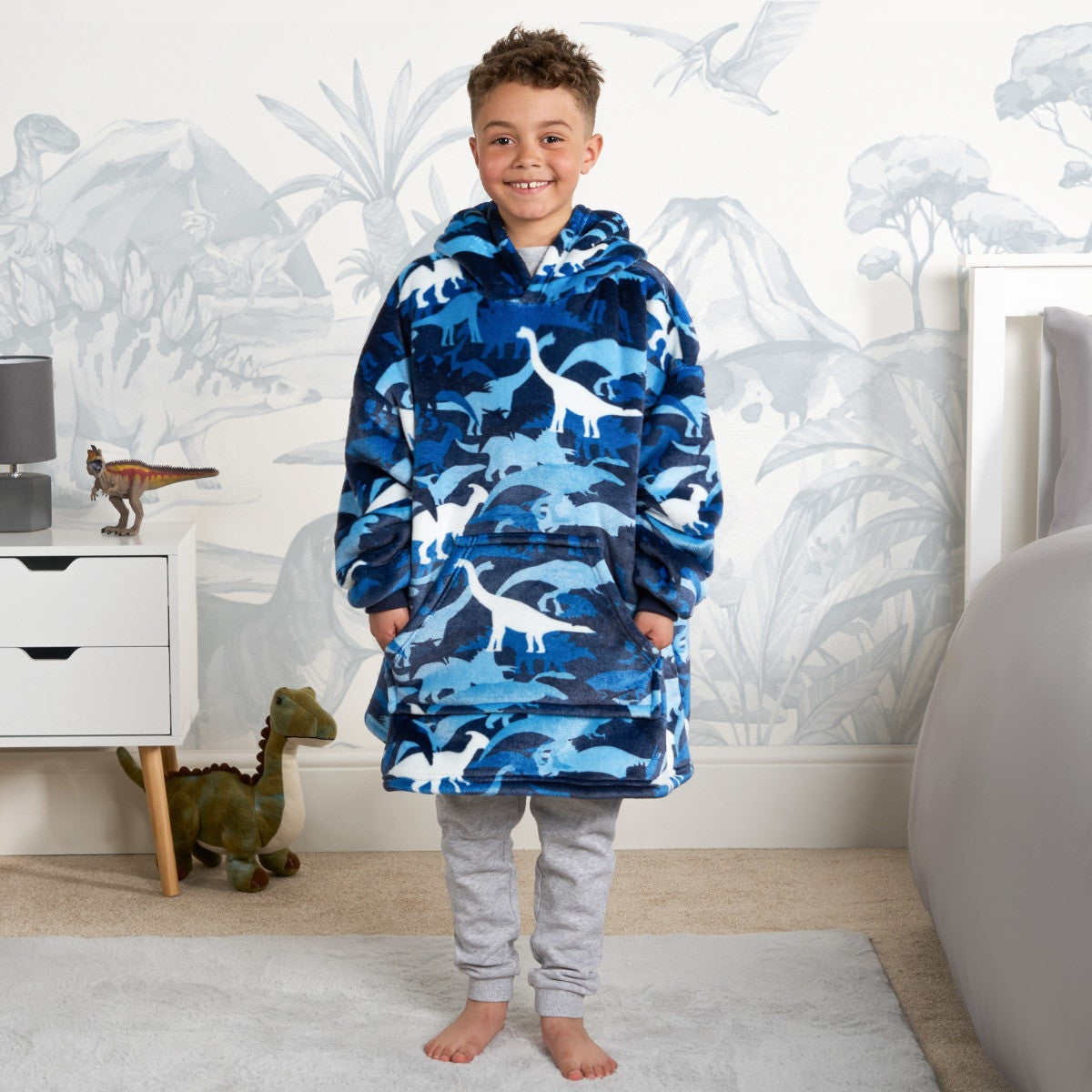 Kids Camo Dinosaur Print Hoodie Blanket - Navy