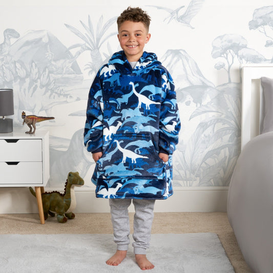 Kids Camo Dinosaur Print Hoodie Blanket - Navy