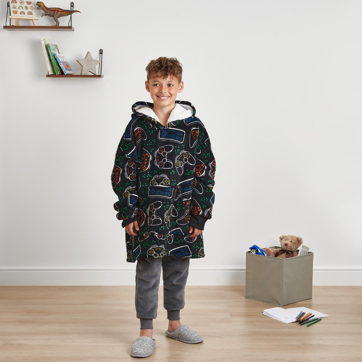 Gaming Print Hoodie Blanket, Kids - Black