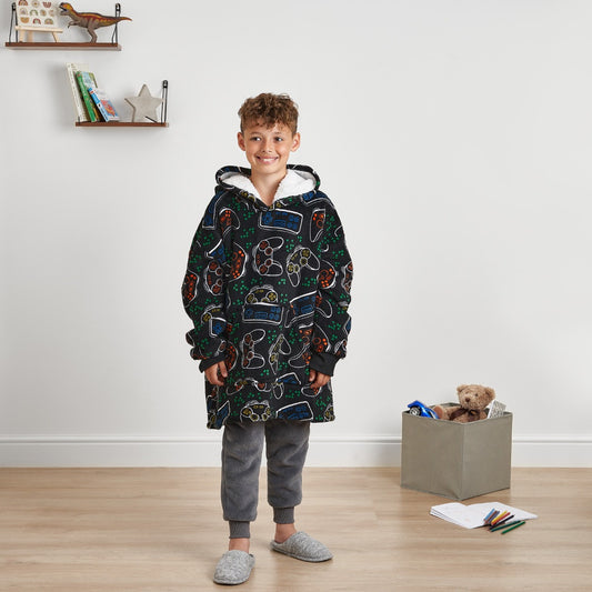 Gaming Print Hoodie Blanket, Kids - Black