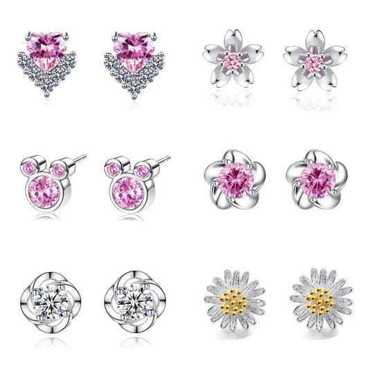 6 Pairs Sterling Silver Stud Earrings - Tiny Flower Heart Butterfly Designs, Hypoallergenic Cubic Zirconia Diamond Cartilage Earrings Set