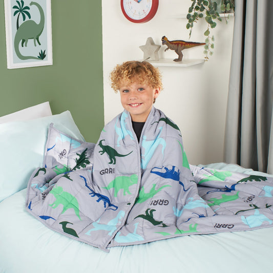Kids Teddy Fleece Dinosaur Weighted Blanket, Grey - 3kg